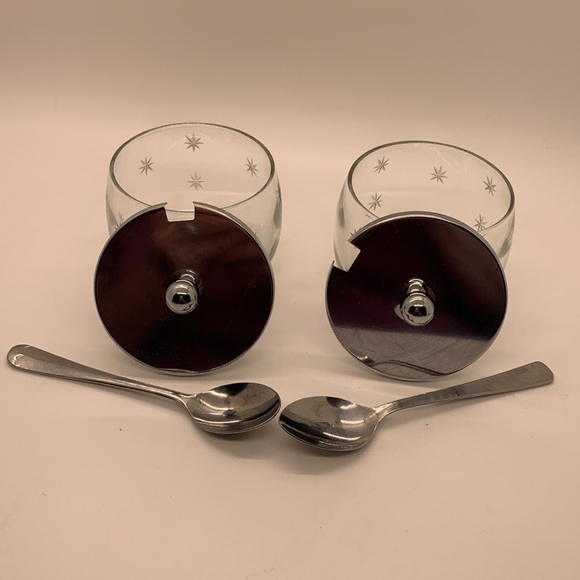 Vintage etched glass jelly or mustard jars with lids and spoons! - Picture 5 of 5